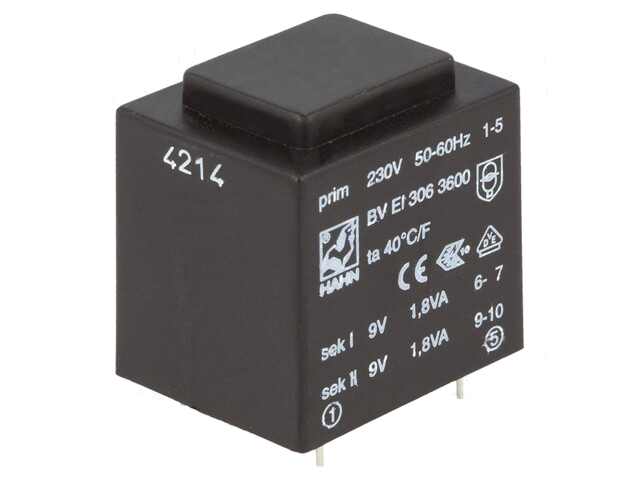 Transformator: ingegoten; 3,6VA; 230VAC; 9V; 9V; 200mA; 200mA; PCB Transformator: ingegoten; 3,6VA; 230VAC; 9V; 9V; 200mA; 200mA; PCB